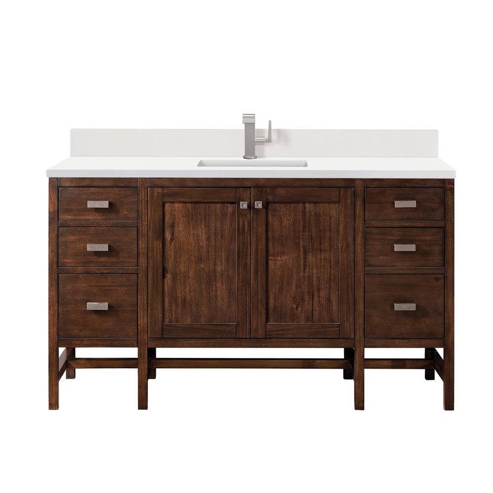 James Martin - Addison 60" Single Vanity, Mid-Century Acacia w/ Single Hole 3 CM White Zeus Silestone Top & Backsplash - E444-V60S-MCA-1WZ view 1