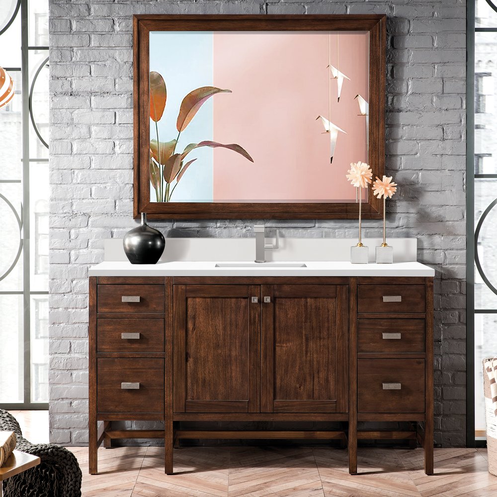 James Martin - Addison 60" Single Vanity, Mid-Century Acacia w/ Single Hole 3 CM White Zeus Silestone Top & Backsplash - E444-V60S-MCA-1WZ view 2