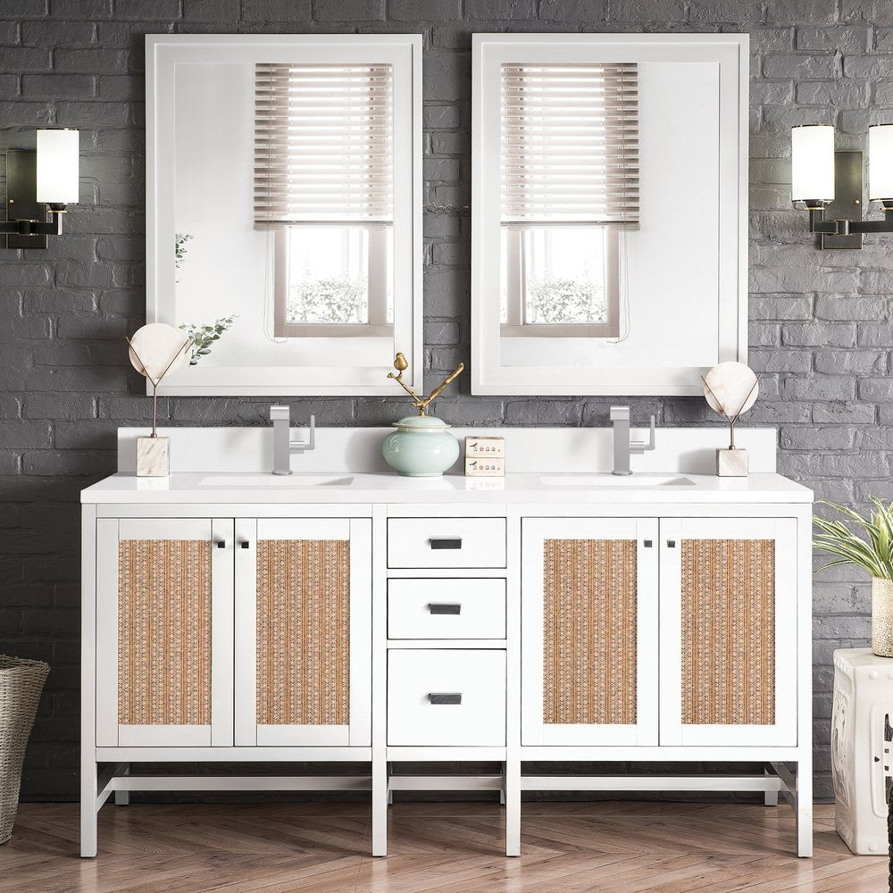 James Martin - Addison 72" Double Vanity, Glossy White w/ Single Hole 3 CM White Zeus Silestone Top & Backsplash - E444-V72-GW-1WZ view 2