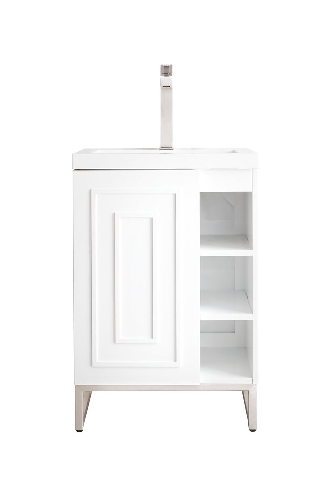 James Martin - Alicante 24" Single Vanity, Glossy White, Brushed Nickel w/ White Glossy Composite Stone Top - E110V24GWBNKWG view 1
