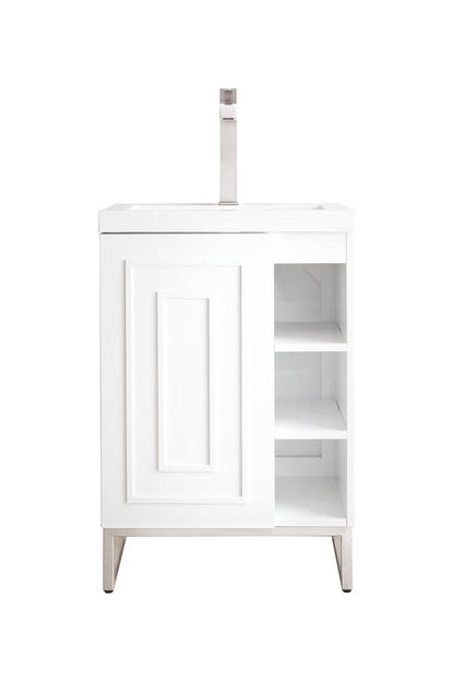 James Martin - Alicante 24" Single Vanity, Glossy White, Brushed Nickel w/ White Glossy Composite Stone Top - E110V24GWBNKWG view 1