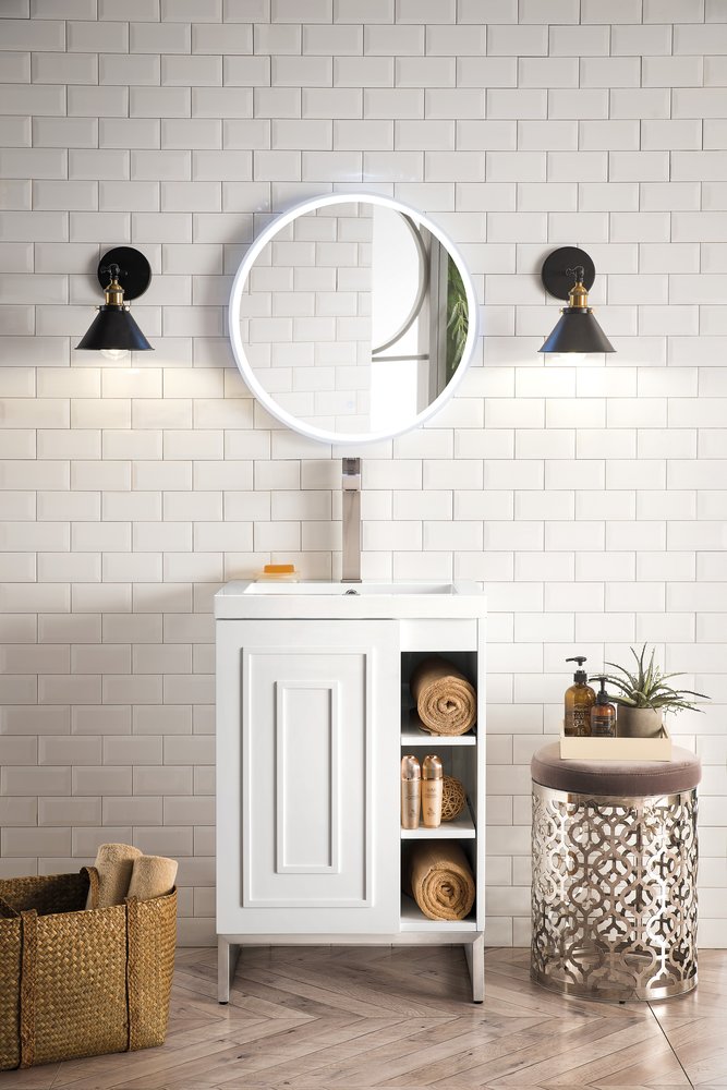 James Martin - Alicante 24" Single Vanity, Glossy White, Brushed Nickel w/ White Glossy Composite Stone Top - E110V24GWBNKWG view 2
