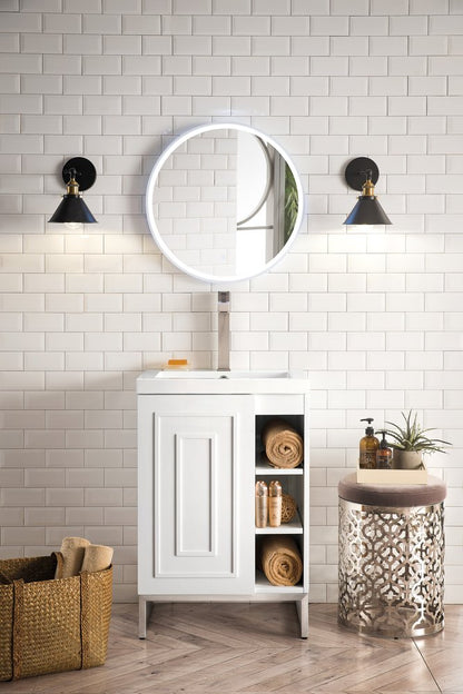 James Martin - Alicante 24" Single Vanity, Glossy White, Brushed Nickel w/ White Glossy Composite Stone Top - E110V24GWBNKWG view 2