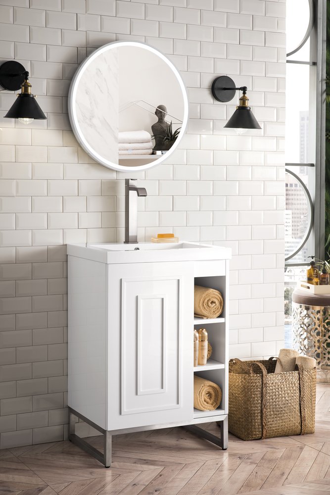 James Martin - Alicante 24" Single Vanity, Glossy White, Brushed Nickel w/ White Glossy Composite Stone Top - E110V24GWBNKWG view 3