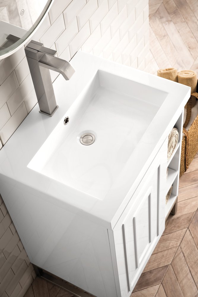 James Martin - Alicante 24" Single Vanity, Glossy White, Brushed Nickel w/ White Glossy Composite Stone Top - E110V24GWBNKWG view 6