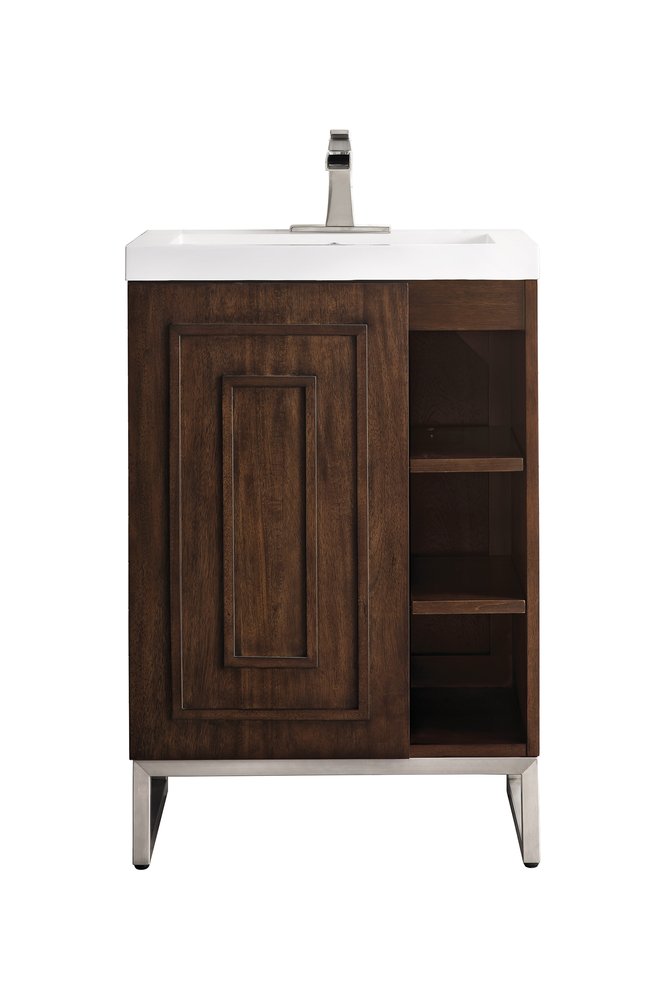 James Martin - Alicante 24" Single Vanity, Mid-Century Acacia, Brushed Nickel w/ White Glossy Composite Stone Top - E110V24MCABNKWG view 1
