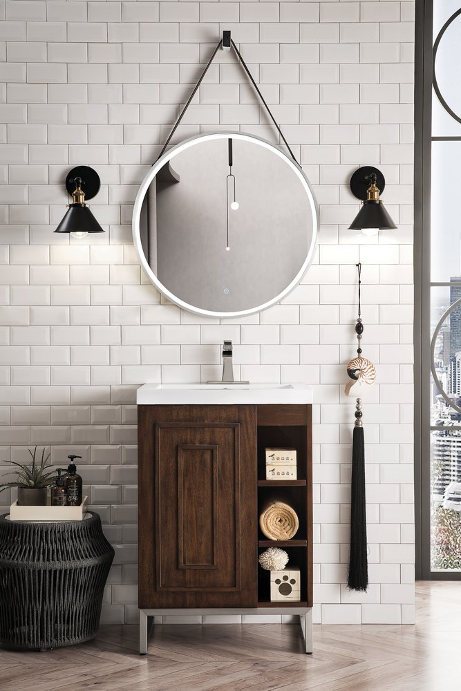 James Martin - Alicante 24" Single Vanity, Mid-Century Acacia, Brushed Nickel w/ White Glossy Composite Stone Top - E110V24MCABNKWG view 2
