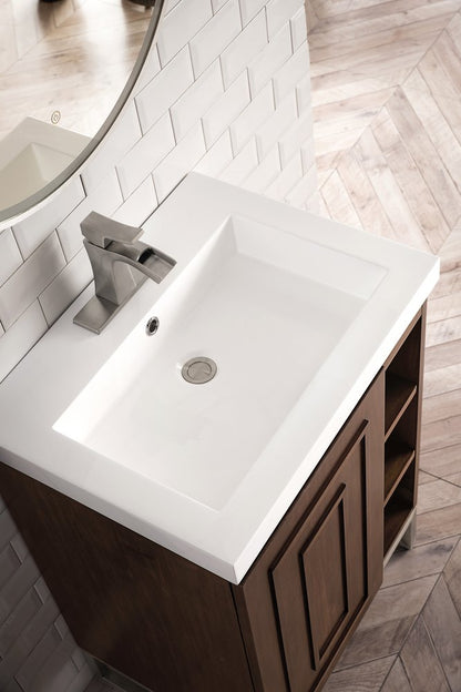 James Martin - Alicante 24" Single Vanity, Mid-Century Acacia, Brushed Nickel w/ White Glossy Composite Stone Top - E110V24MCABNKWG view 5