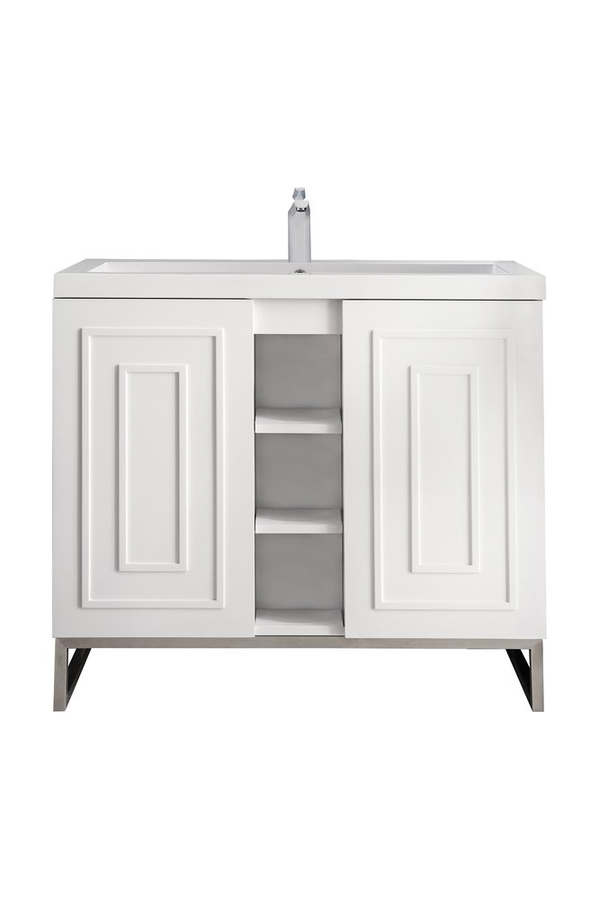 James Martin - Alicante 39.5" Single Vanity, Glossy White, Brushed Nickel w/ White Glossy Composite Stone Top - E110V39.5GWBNKWG view 1
