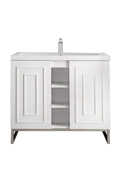 James Martin - Alicante 39.5" Single Vanity, Glossy White, Brushed Nickel w/ White Glossy Composite Stone Top - E110V39.5GWBNKWG view 1