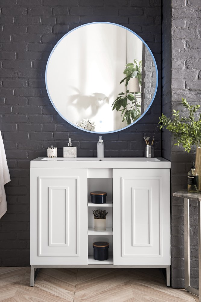 James Martin - Alicante 39.5" Single Vanity, Glossy White, Brushed Nickel w/ White Glossy Composite Stone Top - E110V39.5GWBNKWG view 2