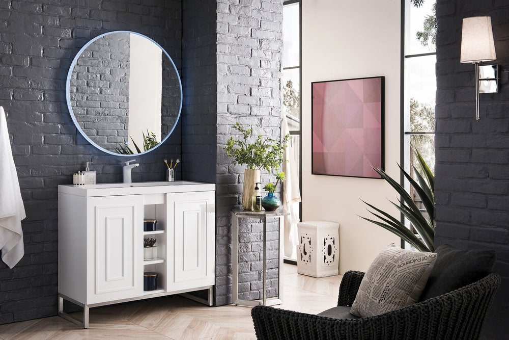 James Martin - Alicante 39.5" Single Vanity, Glossy White, Brushed Nickel w/ White Glossy Composite Stone Top - E110V39.5GWBNKWG view 3