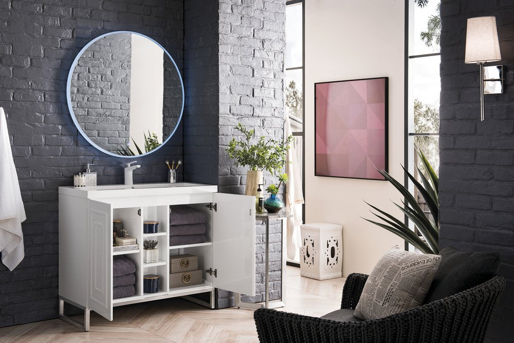 James Martin - Alicante 39.5" Single Vanity, Glossy White, Brushed Nickel w/ White Glossy Composite Stone Top - E110V39.5GWBNKWG view 4
