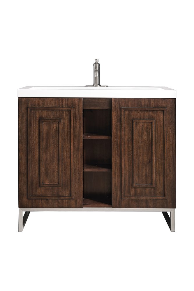 James Martin - Alicante 39.5" Single Vanity, Mid-Century Acacia, Brushed Nickel w/ White Glossy Composite Stone Top - E110V39.5MCABNKWG view 1