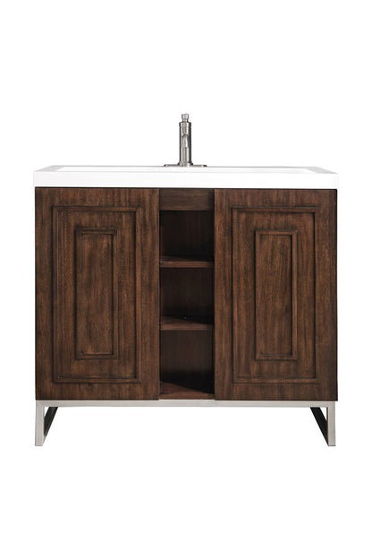 James Martin - Alicante 39.5" Single Vanity, Mid-Century Acacia, Brushed Nickel w/ White Glossy Composite Stone Top - E110V39.5MCABNKWG view 1