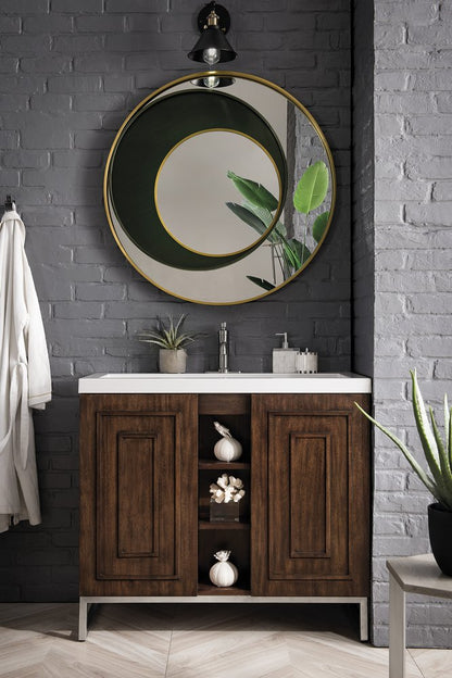 James Martin - Alicante 39.5" Single Vanity, Mid-Century Acacia, Brushed Nickel w/ White Glossy Composite Stone Top - E110V39.5MCABNKWG view 2