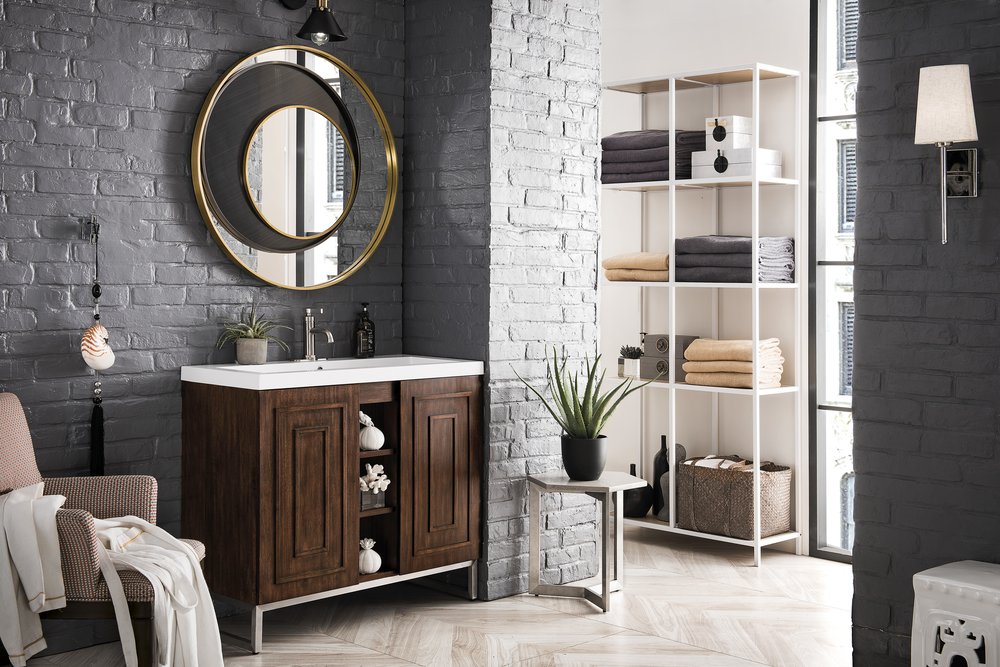James Martin - Alicante 39.5" Single Vanity, Mid-Century Acacia, Brushed Nickel w/ White Glossy Composite Stone Top - E110V39.5MCABNKWG view 3