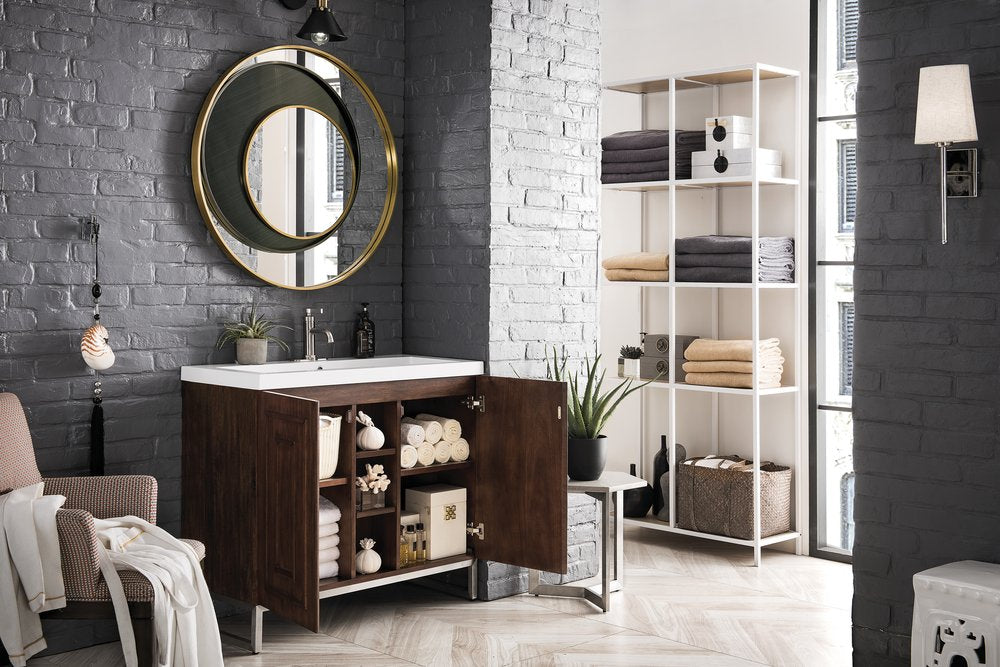 James Martin - Alicante 39.5" Single Vanity, Mid-Century Acacia, Brushed Nickel w/ White Glossy Composite Stone Top - E110V39.5MCABNKWG view 4