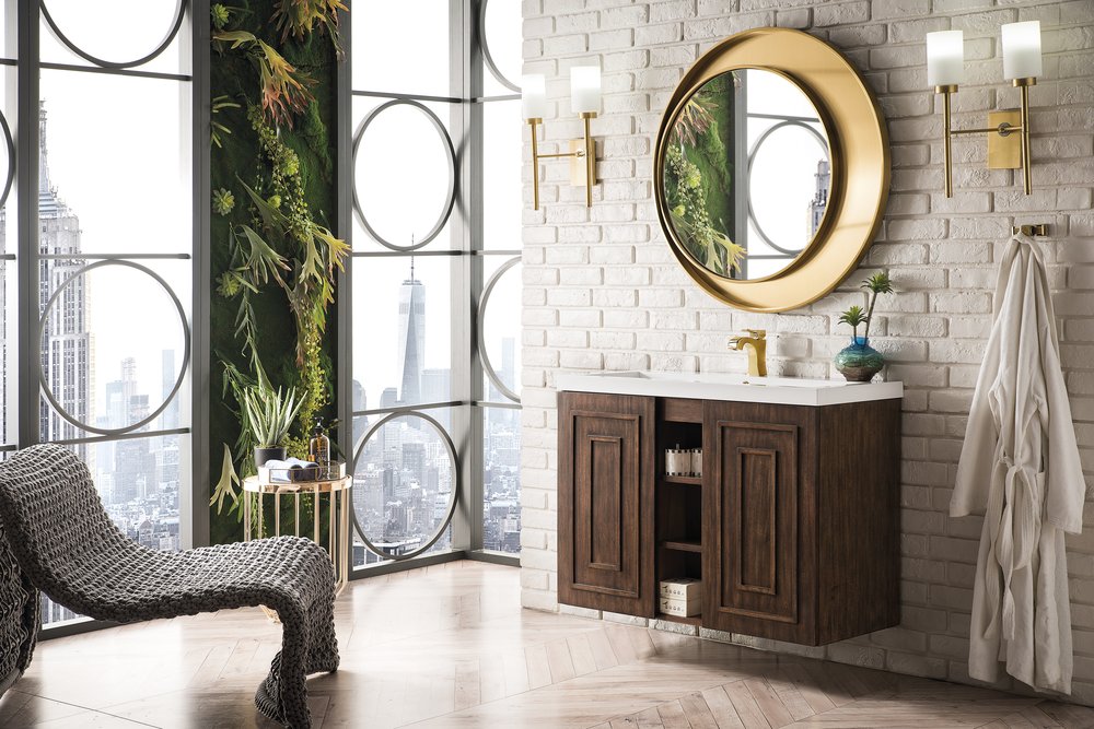 James Martin - Alicante 39.5" Single Vanity, Mid-Century Acacia w/ White Glossy Composite Stone Top - E110V39.5MCAWG view 3