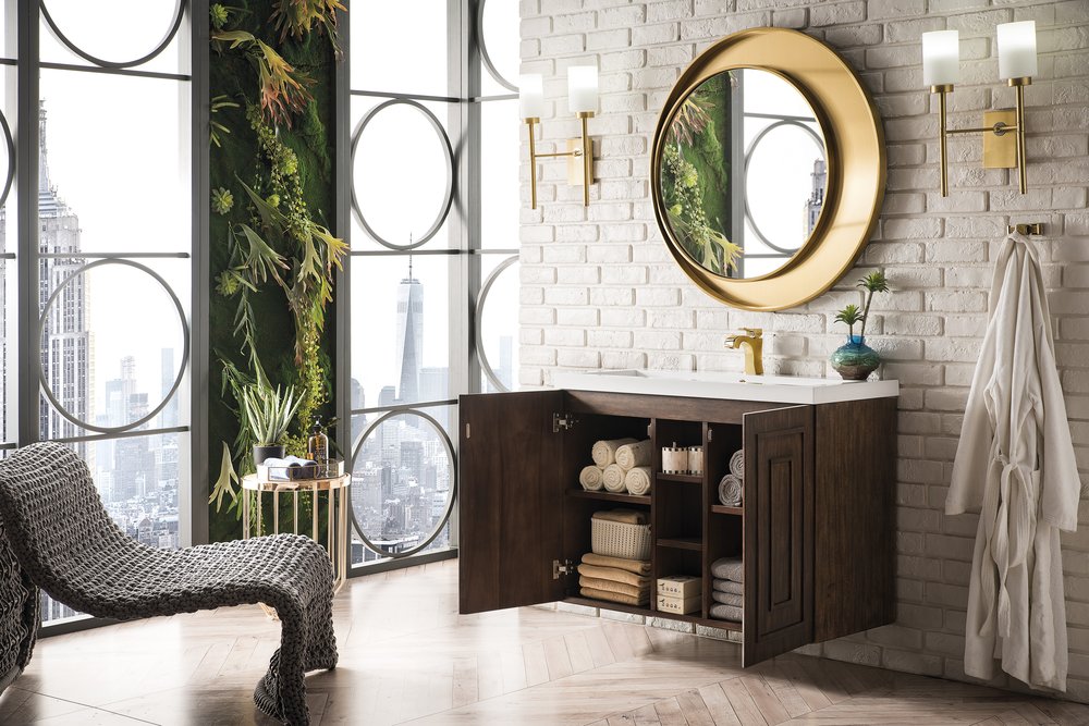 James Martin - Alicante 39.5" Single Vanity, Mid-Century Acacia w/ White Glossy Composite Stone Top - E110V39.5MCAWG view 4