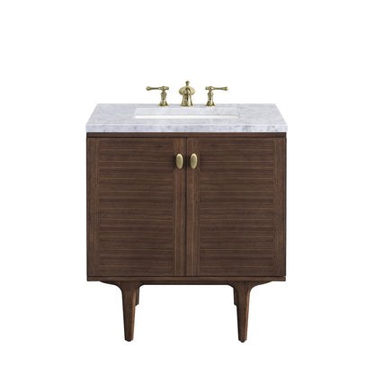 James Martin - Amberly 30" Single Vanity, Mid-Century Walnut w/ 3 CM Carrara Marble Top - 670-V30-WLT-3CAR view 1