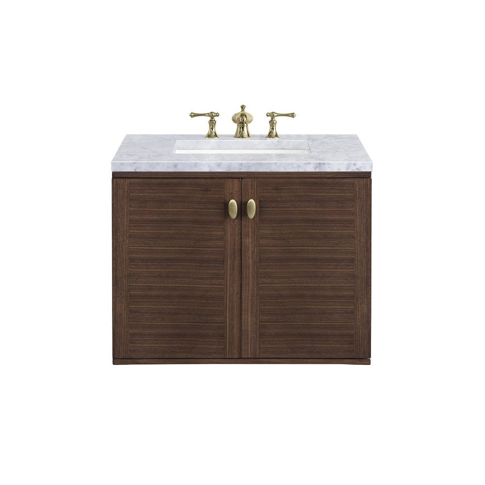 James Martin - Amberly 30" Single Vanity, Mid-Century Walnut w/ 3 CM Carrara Marble Top - 670-V30-WLT-3CAR view 2