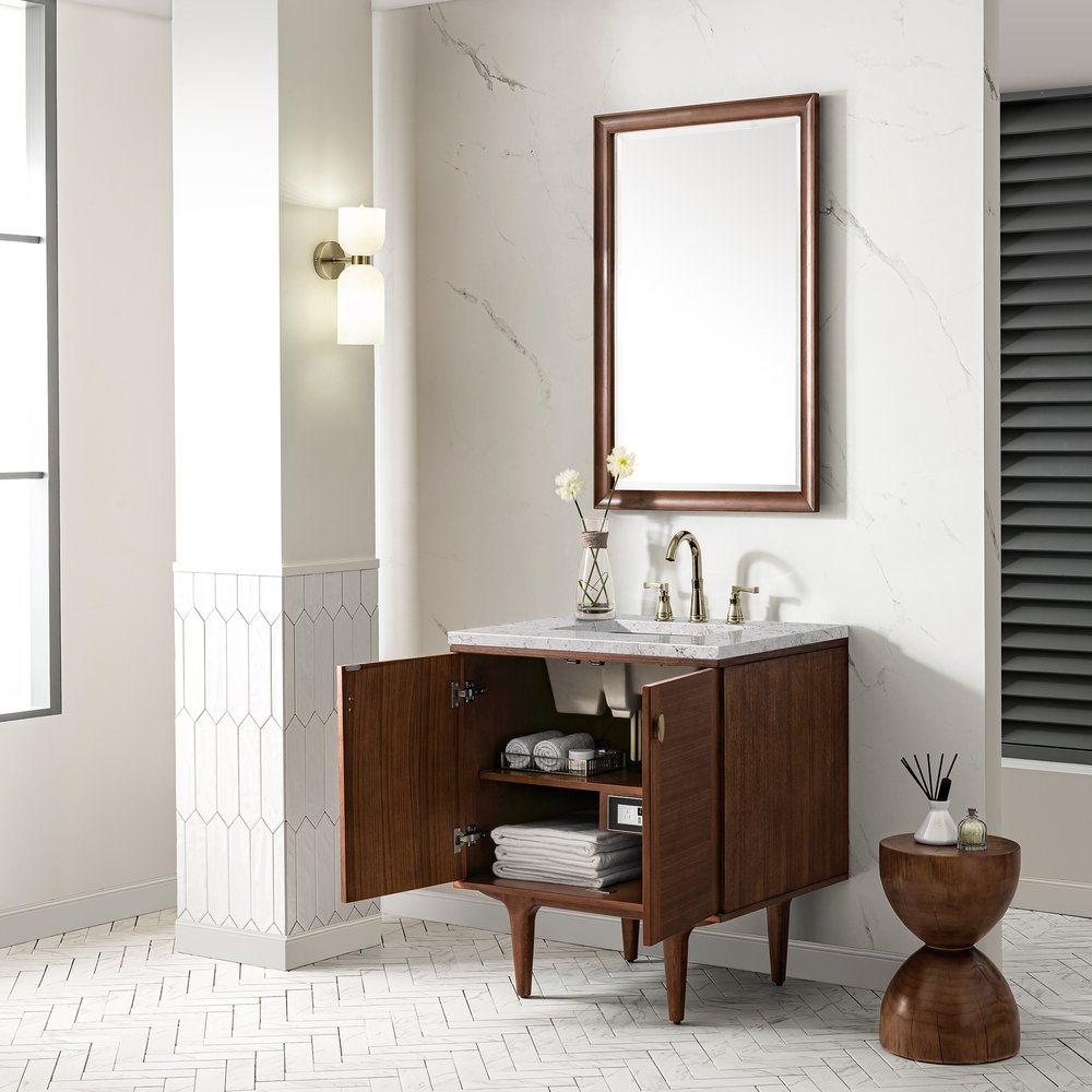 James Martin - Amberly 30" Single Vanity, Mid-Century Walnut w/ 3 CM Eternal Jasmine Pearl Top - 670-V30-WLT-3EJP view 9