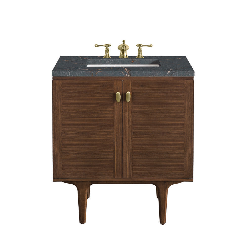 James Martin - Amberly 30" Single Vanity, Mid-Century Walnut w/ 3 CM Parisien Bleu Top - 670-V30-WLT-3PBL view 1