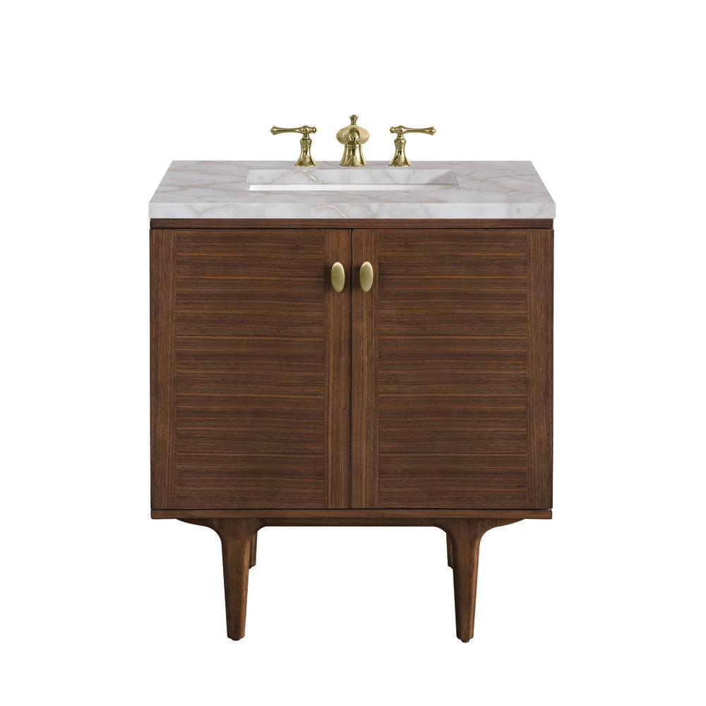 James Martin - Amberly 30" Single Vanity, Mid-Century Walnut w/ 3 CM Victorian Silver Top - 670-V30-WLT-3VSL view 1