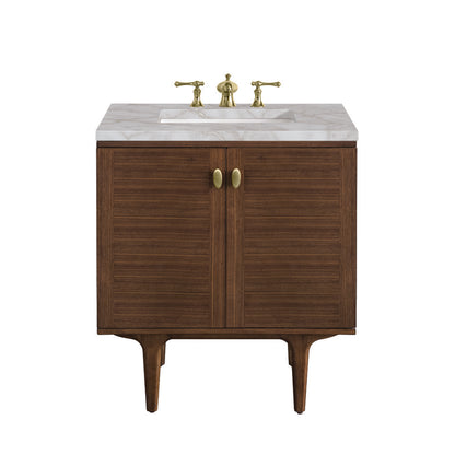 James Martin - Amberly 30" Single Vanity, Mid-Century Walnut w/ 3 CM Victorian Silver Top - 670-V30-WLT-3VSL view 1