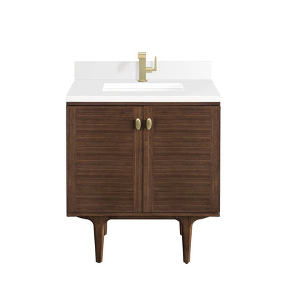 James Martin - Amberly 30" Single Vanity, Mid-Century Walnut w/ Single Hole 3 CM White Zeus Top & Backsplash - 670-V30-WLT-1WZ view 2