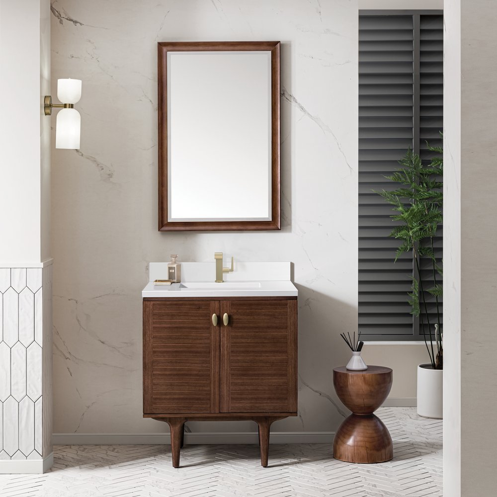 James Martin - Amberly 30" Single Vanity, Mid-Century Walnut w/ Single Hole 3 CM White Zeus Top & Backsplash - 670-V30-WLT-1WZ view 6
