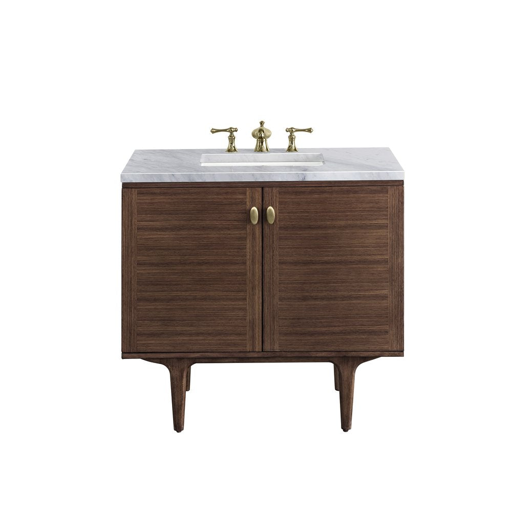 James Martin - Amberly 36" Single Vanity, Mid-Century Walnut w/ 3 CM Carrara Marble Top - 670-V36-WLT-3CAR view 1
