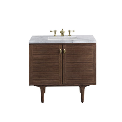 James Martin - Amberly 36" Single Vanity, Mid-Century Walnut w/ 3 CM Carrara Marble Top - 670-V36-WLT-3CAR view 1