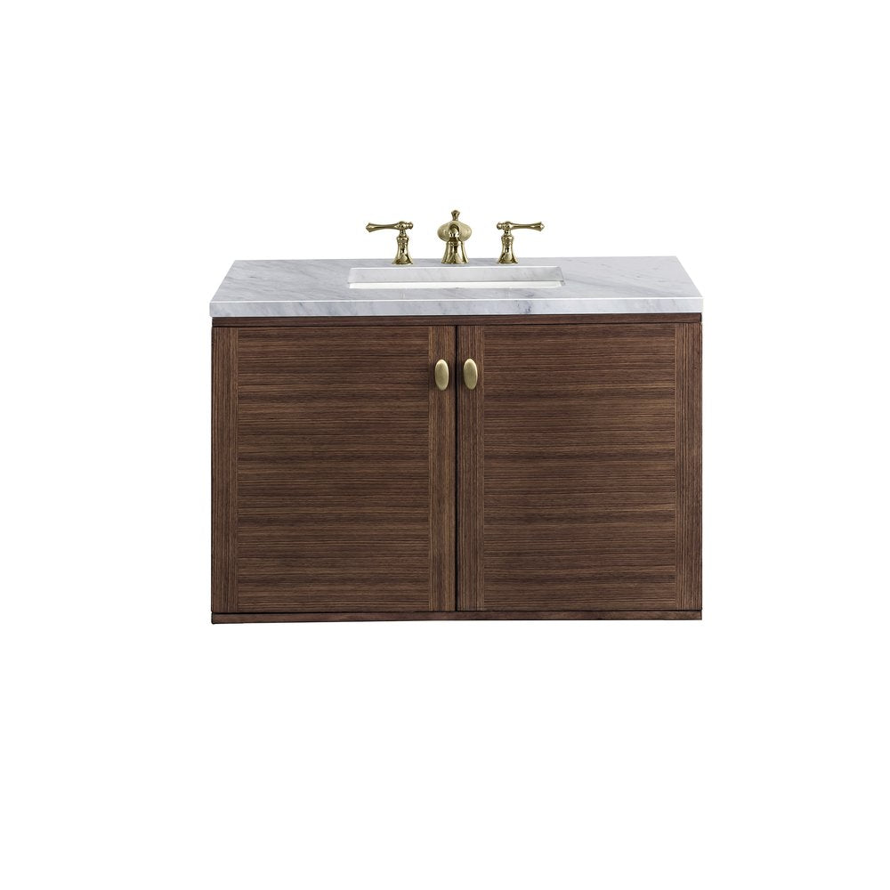James Martin - Amberly 36" Single Vanity, Mid-Century Walnut w/ 3 CM Carrara Marble Top - 670-V36-WLT-3CAR view 2