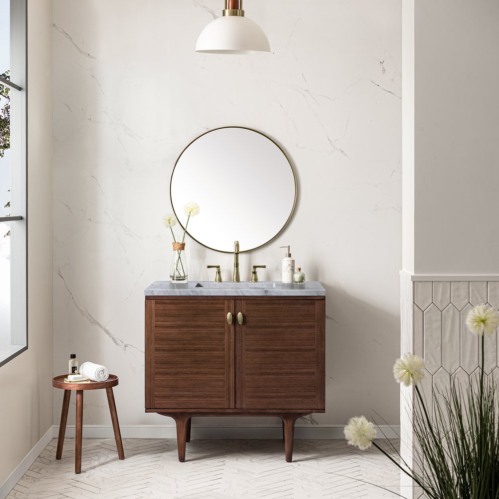 James Martin - Amberly 36" Single Vanity, Mid-Century Walnut w/ 3 CM Carrara Marble Top - 670-V36-WLT-3CAR view 5