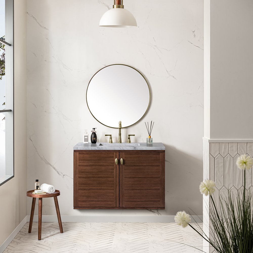 James Martin - Amberly 36" Single Vanity, Mid-Century Walnut w/ 3 CM Carrara Marble Top - 670-V36-WLT-3CAR view 6