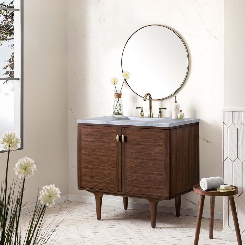 James Martin - Amberly 36" Single Vanity, Mid-Century Walnut w/ 3 CM Carrara Marble Top - 670-V36-WLT-3CAR view 7