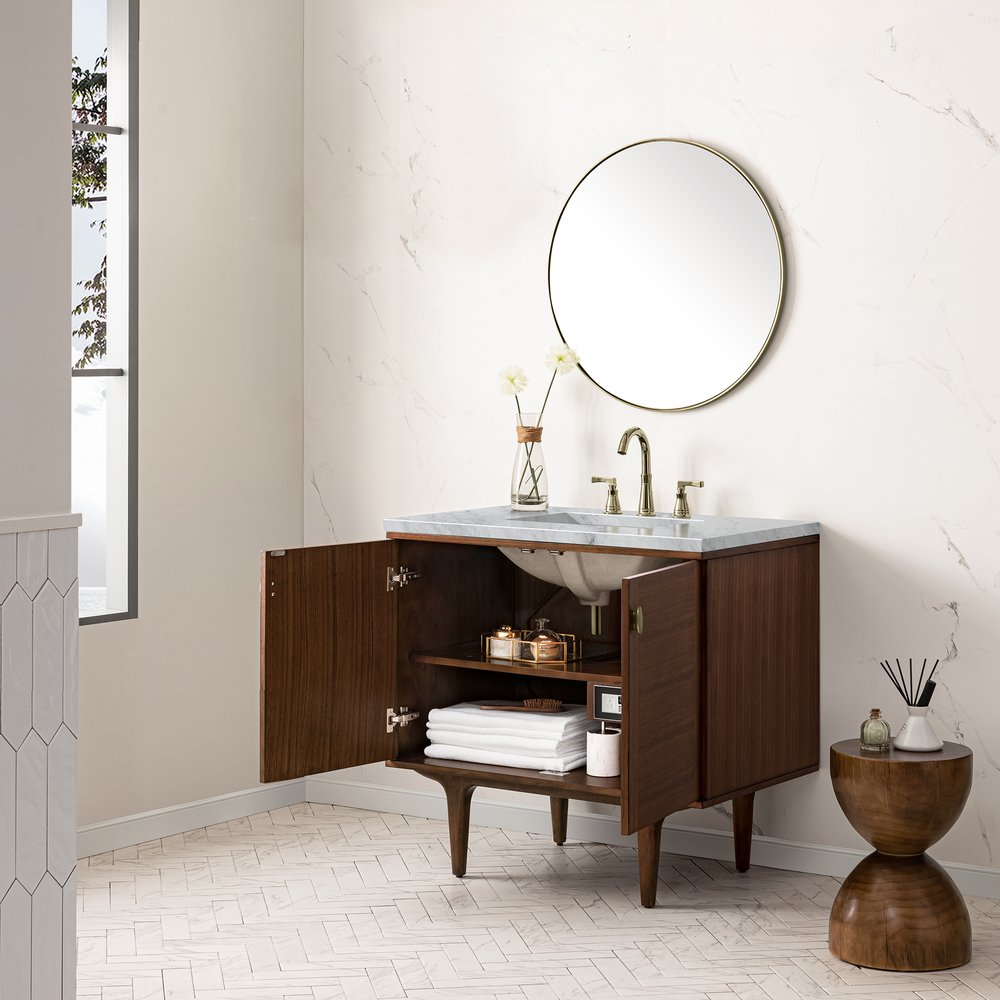 James Martin - Amberly 36" Single Vanity, Mid-Century Walnut w/ 3 CM Carrara Marble Top - 670-V36-WLT-3CAR view 9