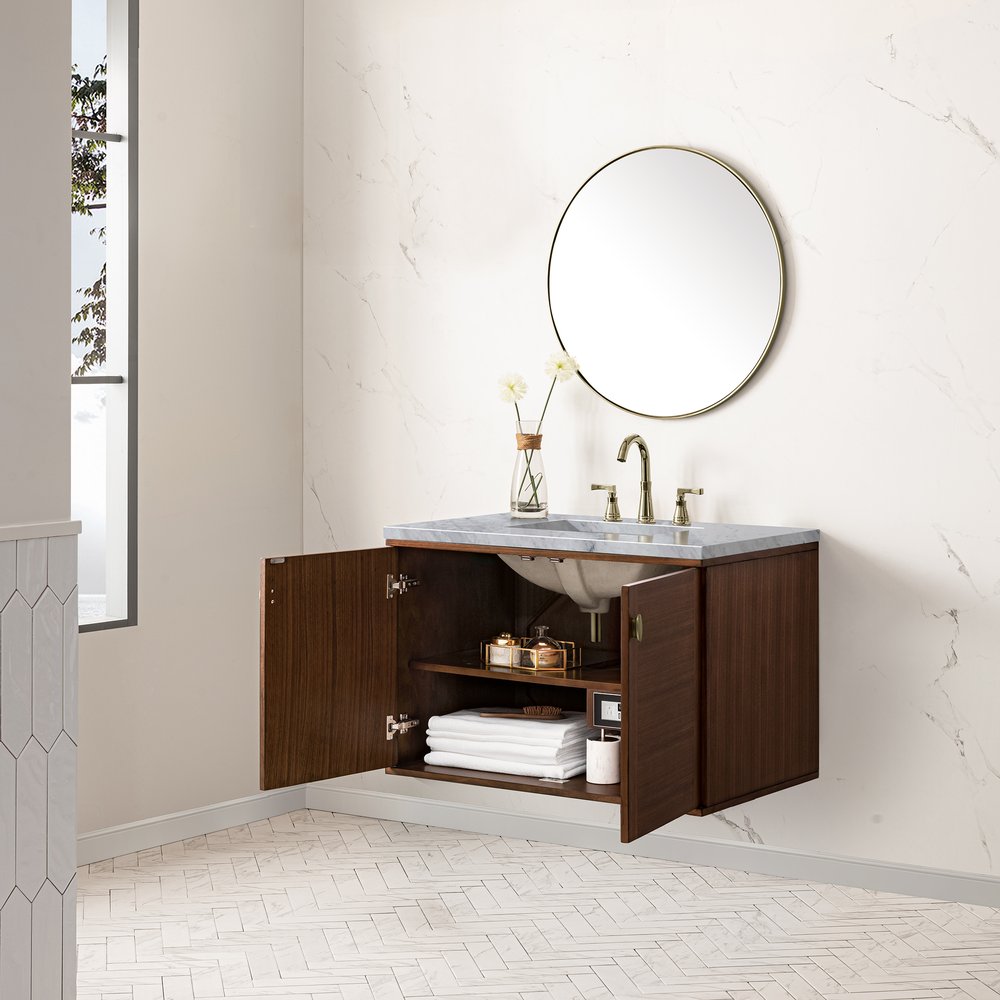 James Martin - Amberly 36" Single Vanity, Mid-Century Walnut w/ 3 CM Carrara Marble Top - 670-V36-WLT-3CAR view 10
