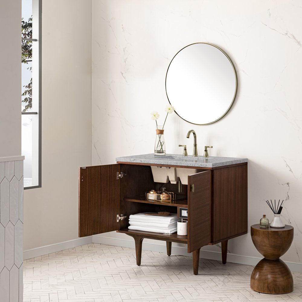 James Martin - Amberly 36" Single Vanity, Mid-Century Walnut w/ 3 CM Eternal Jasmine Pearl Top - 670-V36-WLT-3EJP view 9
