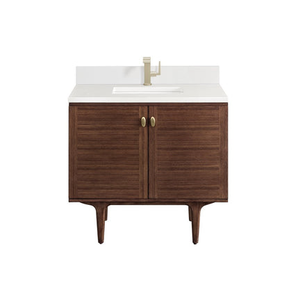 James Martin - Amberly 36" Single Vanity, Mid-Century Walnut w/ Single Hole 3 CM White Zeus Top & Backsplash - 670-V36-WLT-1WZ view 2