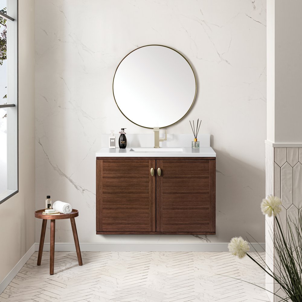 James Martin - Amberly 36" Single Vanity, Mid-Century Walnut w/ Single Hole 3 CM White Zeus Top & Backsplash - 670-V36-WLT-1WZ view 5