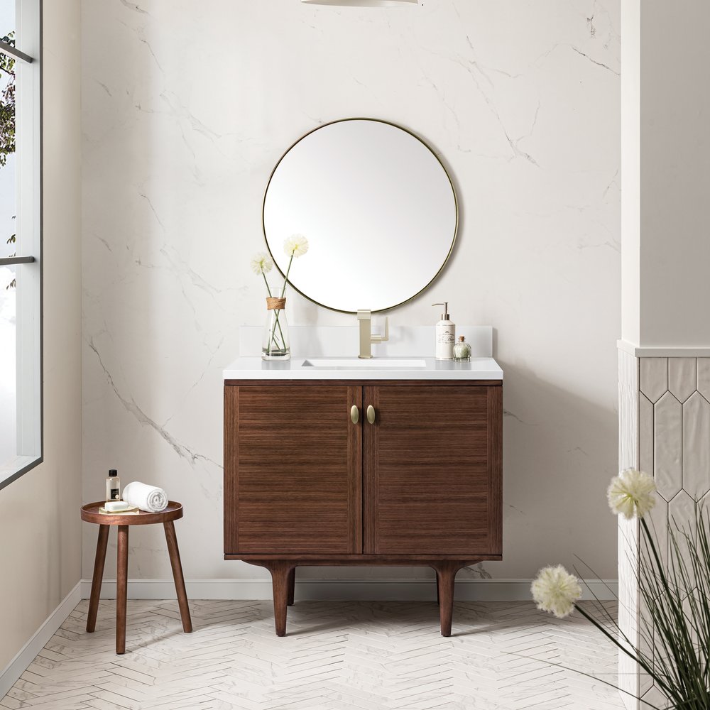 James Martin - Amberly 36" Single Vanity, Mid-Century Walnut w/ Single Hole 3 CM White Zeus Top & Backsplash - 670-V36-WLT-1WZ view 6