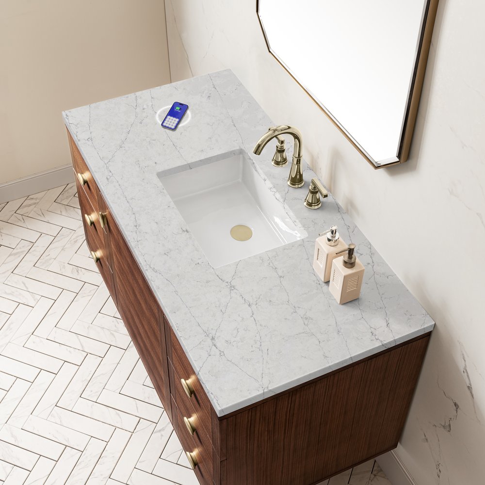 James Martin - Amberly 48" Single Vanity, Mid-Century Walnut w/ 3 CM Eternal Jasmine Pearl Top w/FreePower Wireless Charger - 670-V48-WLT-FEJP view 10