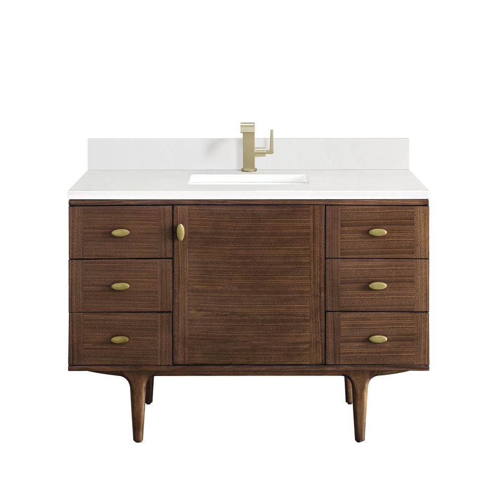 James Martin - Amberly 48" Single Vanity, Mid-Century Walnut w/ Single Hole 3 CM White Zeus Top & Backsplash - 670-V48-WLT-1WZ view 2