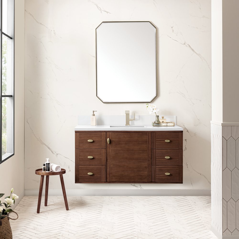James Martin - Amberly 48" Single Vanity, Mid-Century Walnut w/ Single Hole 3 CM White Zeus Top & Backsplash - 670-V48-WLT-1WZ view 5