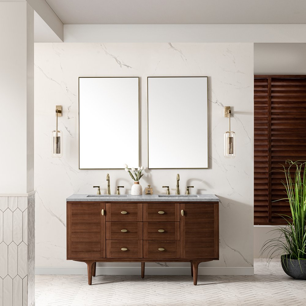 James Martin - Amberly 60" Double Vanity, Mid-Century Walnut w/ 3 CM Carrara Marble Top - 670-V60D-WLT-3CAR view 5