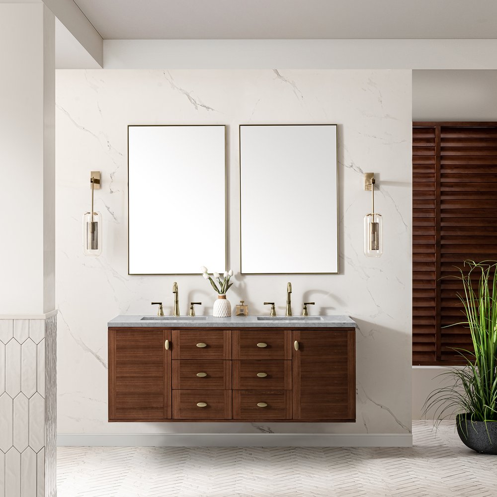 James Martin - Amberly 60" Double Vanity, Mid-Century Walnut w/ 3 CM Carrara Marble Top - 670-V60D-WLT-3CAR view 6