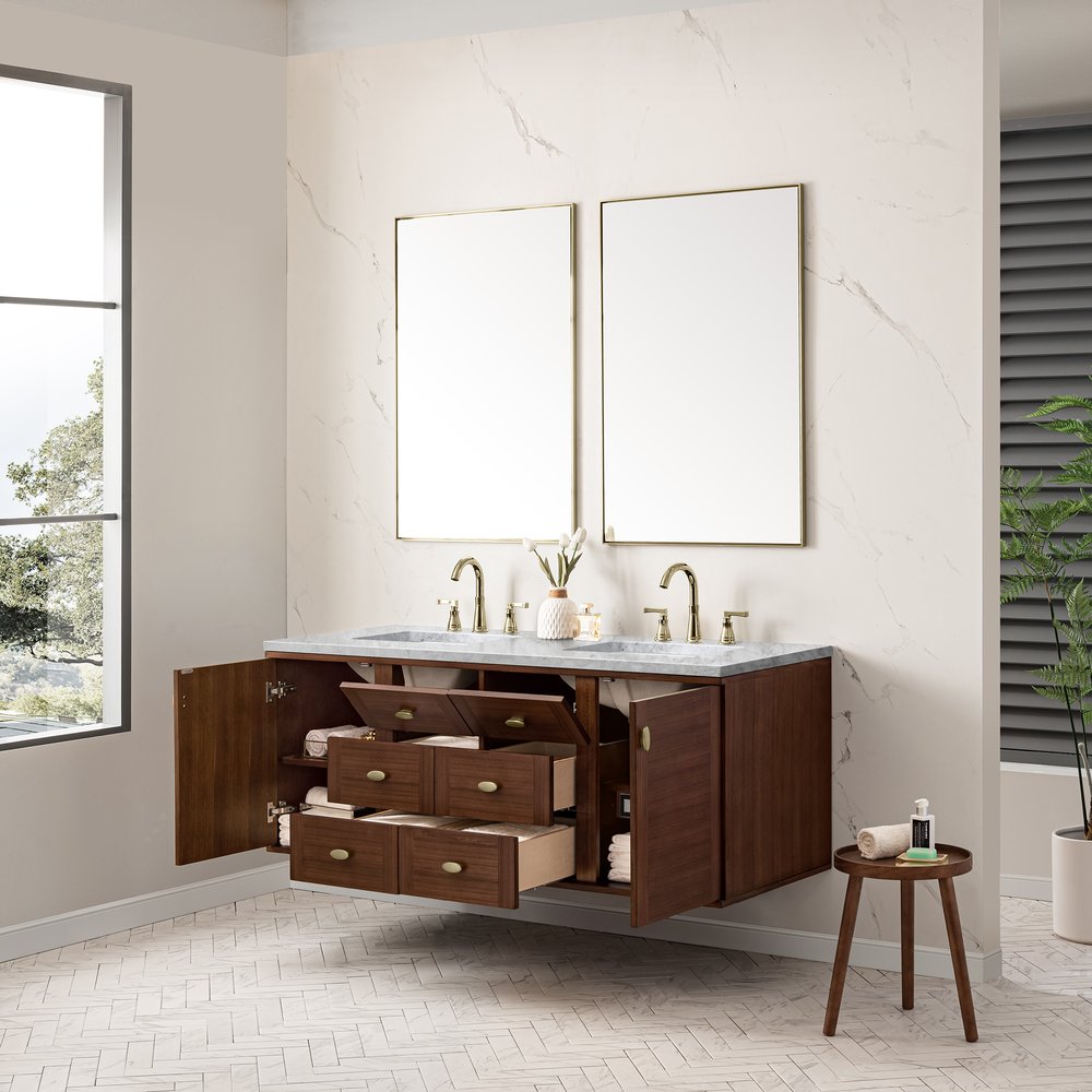 James Martin - Amberly 60" Double Vanity, Mid-Century Walnut w/ 3 CM Carrara Marble Top - 670-V60D-WLT-3CAR view 10